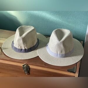 Two Andaz Women's Straw Fedora Hats Cap Striped Ribbon Trim Lightweight Beach